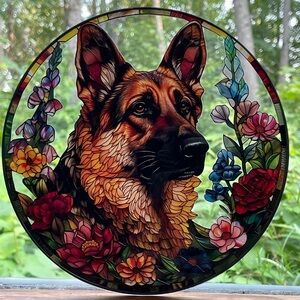 Suncatcher Acrylic German Shepherd Dog Decorative Faux Stained Glass 7 3/4” New